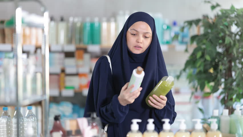Thoughtful young Asian woman in navy blue chador and abaya examining shampoo bottles in local drugstore, reading product labels while deciding on best option - Powered by Shutterstock - Get 15% off with code: PIKWIZARD15