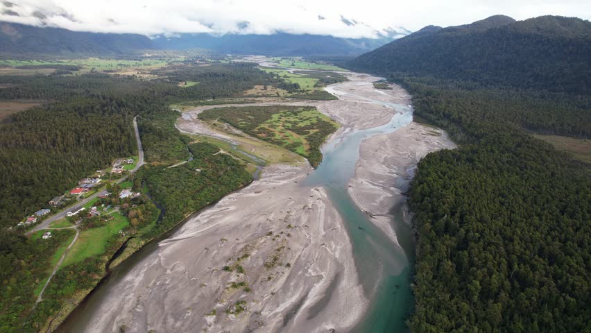 Mahitahi River, Bruce Bay, South Island, New Zealand - Aerial Shot