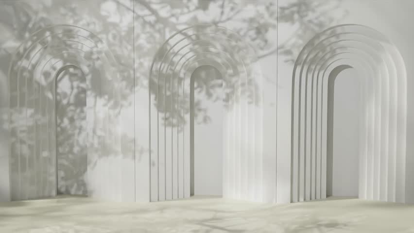 Geometric arched white wall with layered cutouts and shadows of tree branches. 3D architectural background. Design for banner, poster, wallpaper, and header.