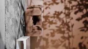 Modern beige sofa next to marble side table against a textured concrete and peach wall with shadow of tree branches. Studio interior photography. Interior design concept. Design for poster. vertical - Powered by Shutterstock - Get 15% off with code: PIKWIZARD15