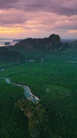 Vertical aerial footage of Krabi Ao Thalane at sunset. A winding river carves through lush green mangroves under a glowing sky-perfect for vertical promos, travel, and nature content.