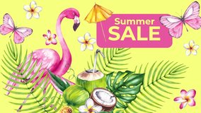 Summer Sale vertical format animated video. Summer video for online store, social networks. Flamingos and tropical plants shimmer on a yellow background with the inscription - Powered by Shutterstock - Get 15% off with code: PIKWIZARD15