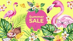 Summer Sale vertical format animated video. Summer video for online store, social networks. Flamingos and tropical plants shimmer on a yellow background with the inscription - Powered by Shutterstock - Get 15% off with code: PIKWIZARD15