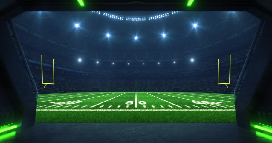 Entrance to a sports stadium full of cheering fans with an American football field before a league match. Professional sports 4k video for advertisement background.