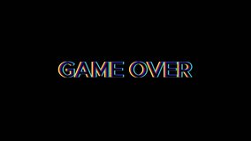 4K motion animation of retro video game over text displayed on an old TV screen with glitch effects, pixel style visuals, and vintage arcade atmosphere. - Powered by Shutterstock - Get 15% off with code: PIKWIZARD15