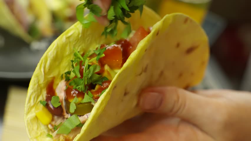 Tasty Mexican Tacos Filled Meat. Homemade American Soft Shell Beef Tacos. Mexican Food Burrito. Tortilla Fast Food. Mexican Pork Carnitas Tacos Fajitas. American Taco Salsa Corn Tortilla Carne Asada