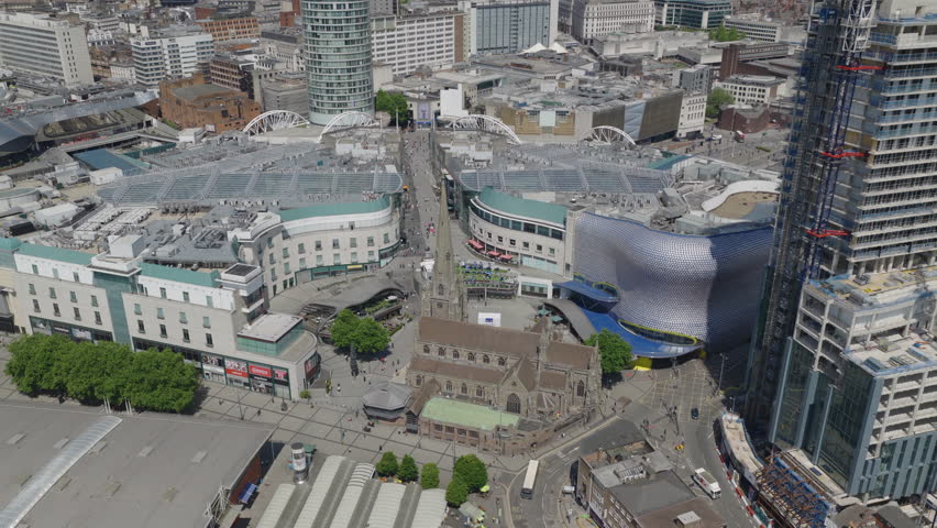 Birmingham, England - June 18, 2025: Establishing aerial view of the skyline of Birmingham, city in England, United Kingdom.