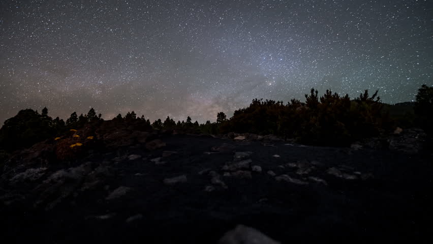 Milky Way over volcanic landscape at Mirador Llano de Jable, La Palma island, timelapse