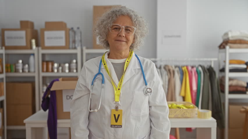 Elderly woman with grey hair makes a heart gesture at an indoor charity center, exemplifying kindness in volunteer work surrounded by donations and supplies.
