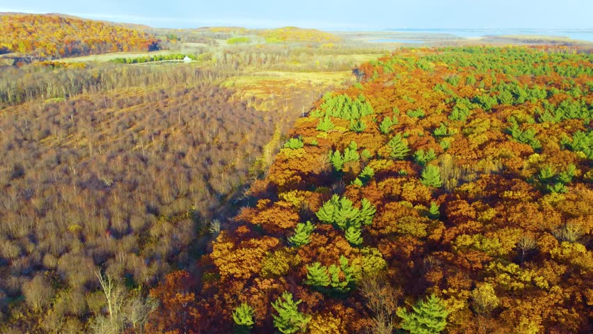 Oka National Park in Quebec, Canada and Sunset during the changing of the seasons in autumn. Slow panning shot at sunset