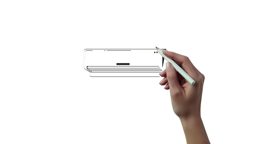 Wall-mounted air conditioner blowing cool air outline hand drawn 2D object animation. Home cooling. Airconditioner AC appliance animated element handdrawn isolated. Doodle drawing 4K video