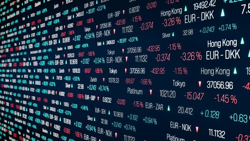 Close-up stock market ticker with prices and changes. Device screen, trading board, stock index data, currency rates and commodity prices. 3D animation - Powered by Shutterstock - Get 15% off with code: PIKWIZARD15