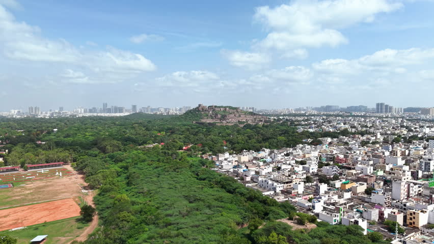 Hyderabad, India: Aerial view of famous Golconda Fort in capital and largest city of Indian state of Telangana - landscape panorama of South Asia from above