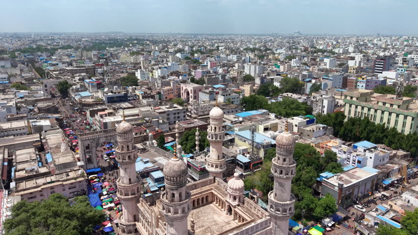 Hyderabad, India: Aerial view of Charminar, iconic monument and symbol of capital and largest city of Indian state of Telangana - landscape panorama of South Asia from above