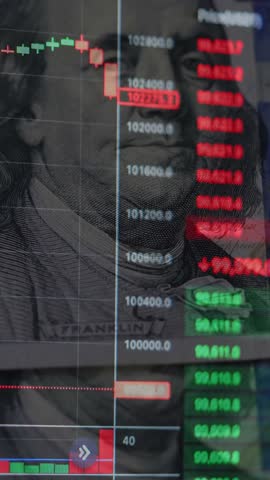 VERTICAL VIDEO Red Bitcoin Candlestick Chart with US Dollar bills, crypto market crash. Financial risk, Panic sale, Sell-off, Stock Market collapse, Exchange volatility. Bitcoin Price Evolution.