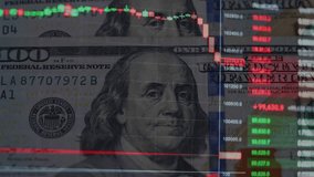 Red Bitcoin Candlestick Chart with US Dollar bills in the Background, crypto market crash. Financial risk, Panic sale, Sell-off, Stock Market collapse, Exchange volatility. Bitcoin Price Evolution. - Powered by Shutterstock - Get 15% off with code: PIKWIZARD15