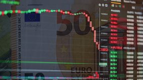 Red Bitcoin Candlestick Chart on a background 50 Euro bills, crypto market crash. Stock Market collapse Exchange volatility. Bitcoin Price Evolution. Financial risk, Sell-off, Panic sale, Devaluation - Powered by Shutterstock - Get 15% off with code: PIKWIZARD15