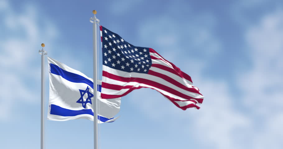 Israel and United States flags waving together on a single flagpole. Concept of alliance, diplomacy and international relations. 3d render animation. Slow motion loop. Selective focus