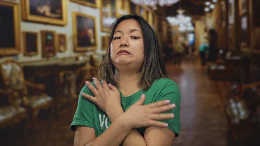 Woman feeling cold inside museum, wearing green volunteer t-shirt, in elegant indoor setting, surrounded by classic paintings and vintage furniture, expressing emotion.
