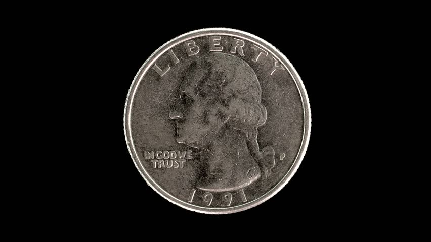 United States 1991 quarter dollar coin obverse with Washington portrait and motto rotating on black background