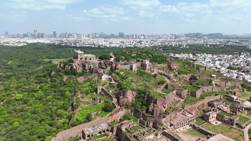 Hyderabad, India: Aerial view of famous Golconda Fort in capital and largest city of Indian state of Telangana - landscape panorama of South Asia from above