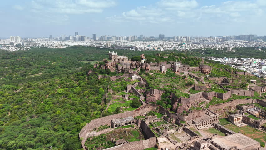 Hyderabad, India: Aerial view of famous Golconda Fort in capital and largest city of Indian state of Telangana - landscape panorama of South Asia from above