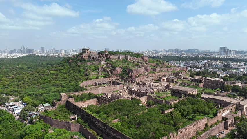 Hyderabad, India: Aerial view of famous Golconda Fort in capital and largest city of Indian state of Telangana - landscape panorama of South Asia from above