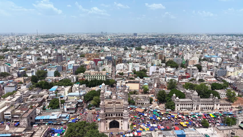 Hyderabad, India: Aerial view of Charminar, iconic monument and symbol of capital and largest city of Indian state of Telangana - landscape panorama of South Asia from above