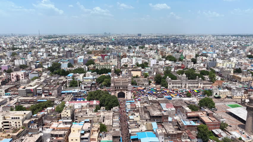Hyderabad, India: Aerial view of Charminar, iconic monument and symbol of capital and largest city of Indian state of Telangana - landscape panorama of South Asia from above