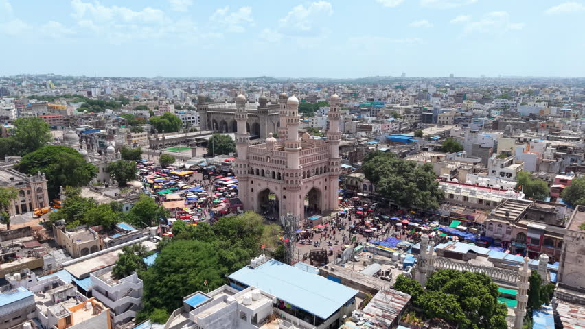 Hyderabad, India: Aerial view of Charminar, iconic monument and symbol of capital and largest city of Indian state of Telangana - landscape panorama of South Asia from above