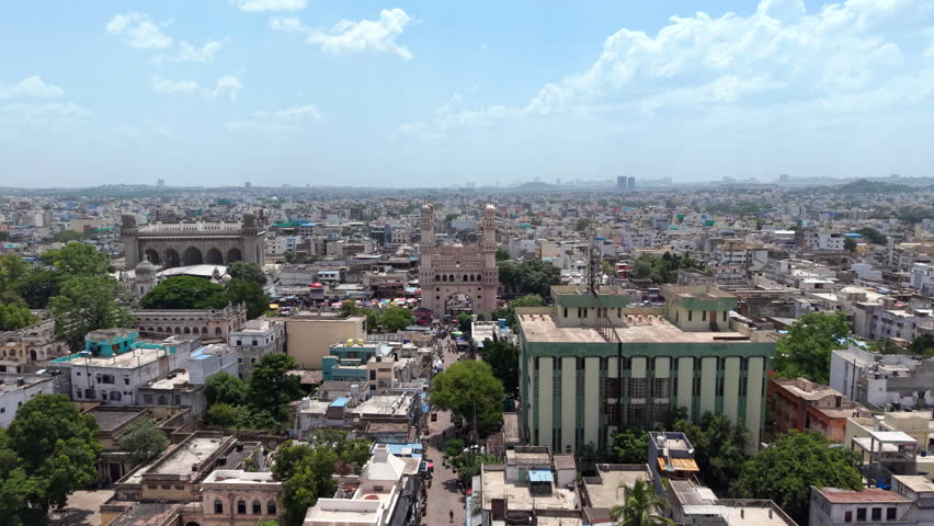 Hyderabad, India: Aerial view of Charminar, iconic monument and symbol of capital and largest city of Indian state of Telangana - landscape panorama of South Asia from above
