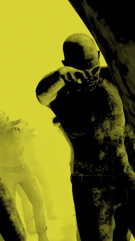 Endless rows of horror movie style walking zombies.