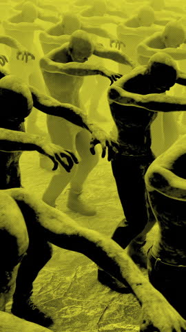 Endless rows of horror movie style walking zombies.