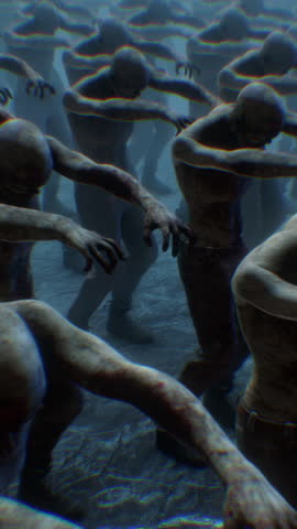 Endless rows of horror movie style walking zombies.