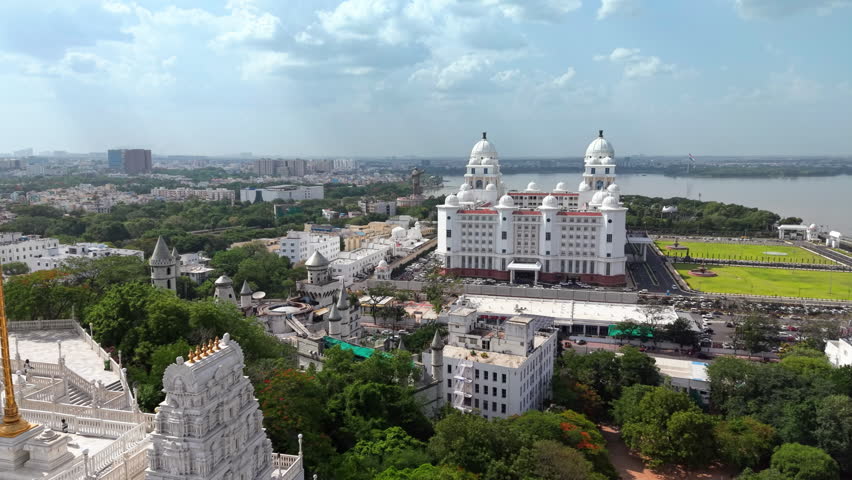 Hyderabad, India: Aerial view of Birla Mandir, iconic Hindu temple in capital and largest city of Indian state of Telangana - landscape panorama of South Asia from above