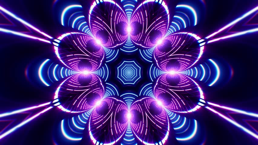 A dazzling VJ loop featuring glowing neon lamps arranged in a kaleidoscopic formation, radiating vibrant symmetrical patterns in a continuous, mesmerizing flow of color and light.