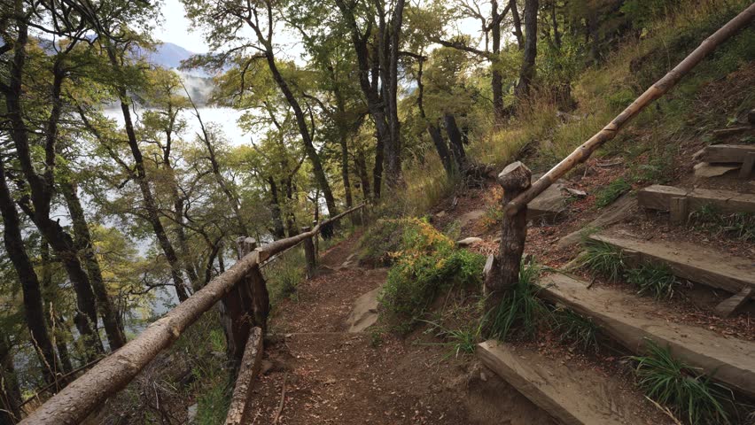 Man climbing stairs in path trail in natural scene landscape on a cloudy cold morning