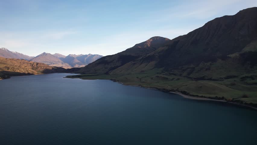 Tranquil Scenery Of Lake Hawea In South Island, New Zealand - Aerial Shot