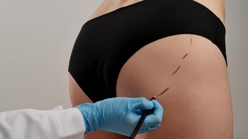 The surgeon marks the skin on the patient is buttocks and thigh for a cosmetic skin tightening procedure. The concept of plastic surgery and body beauty. Slow motion