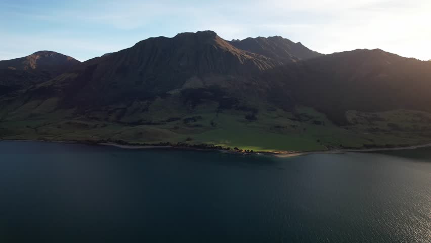 Scenic View Of Lake Hawea And Mount Burke In South Island, New Zealand - Drone Shot
