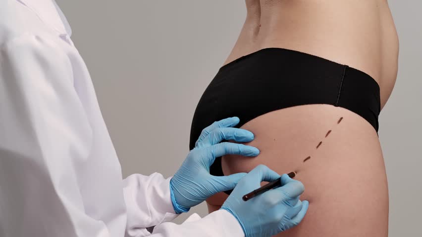 The surgeon marks the skin on the patient is buttocks and thigh for a cosmetic skin tightening procedure. The concept of plastic surgery and body beauty. Slow motion
