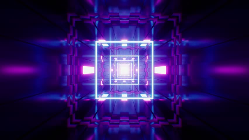 A stunning VJ loop showcasing a dynamic tunnel of radiant, multicolored neon light beams swirling in a mesmerizing, futuristic rhythm