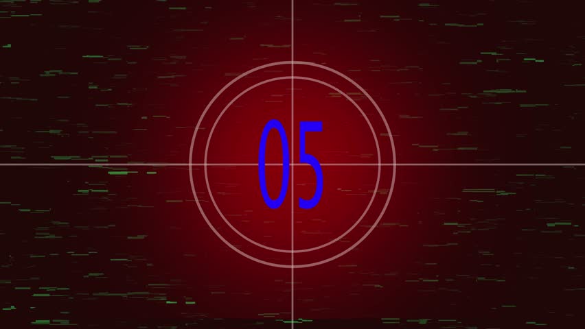 Retro film countdown number two on a dark red background with digital glitch effects