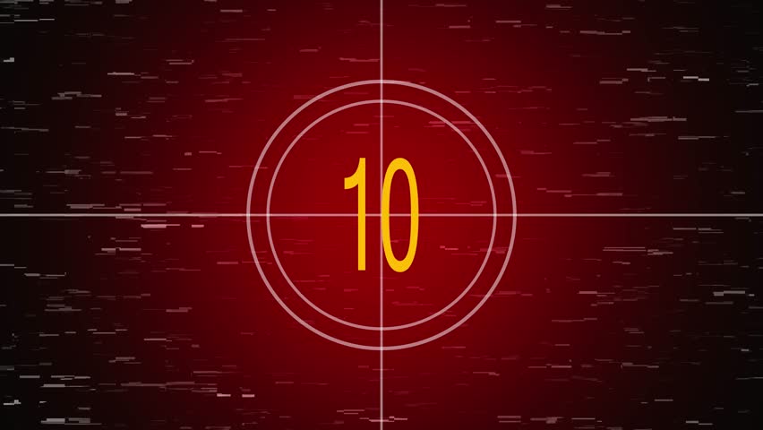 Vintage film countdown with glitch overlay against a red background number seven displayed