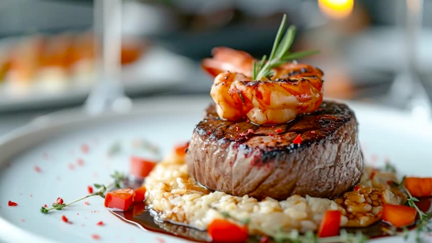 Grilled Steak with Shrimp and Risotto on Elegant White Plate