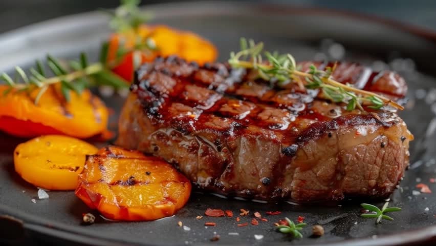 Juicy Grilled Steak with Roasted Peppers and Herbs on Dark Plate