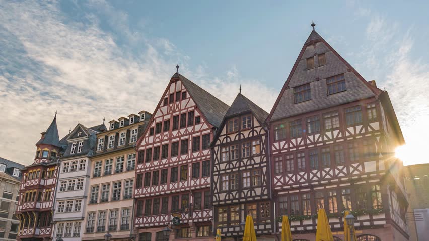 Frankfurt Germany time lapse city skyline at Romer old town square