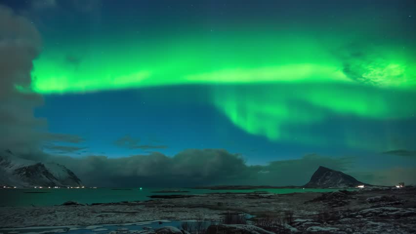 Lofoten Norway time lapse of the aurora borealis northern lights winter landscape at Grundstad