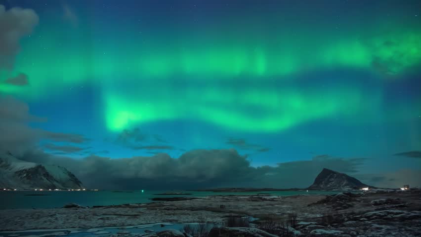 Lofoten Norway time lapse of the aurora borealis northern lights winter landscape at Grundstad