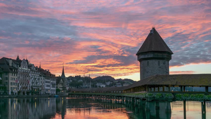 Lucerne (Luzern) Switzerland time lapse sunrise city skyline at Chapel Bridge